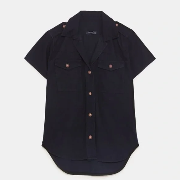 🎀 5/$25 NWT Zara black denim short sleeve shirt sz S - Picture 2 of 11